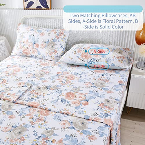 Rynghipy Romantic Roses Print Bed Sheets Queen Size, Spring Season Themed Botanical Bedding Set With Fitted Sheet, Flat Sheet, Pillowcases (Flowers,Queen Size) #TOP5