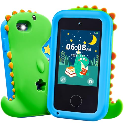 SYNCFUN Kids Smart Phone Toys For Boys Age 3 4 5 6 7 8 9,Touchscreen Kids Mobile Phone with Dual Camera, Game, Music 8GB Card,Dinosaur