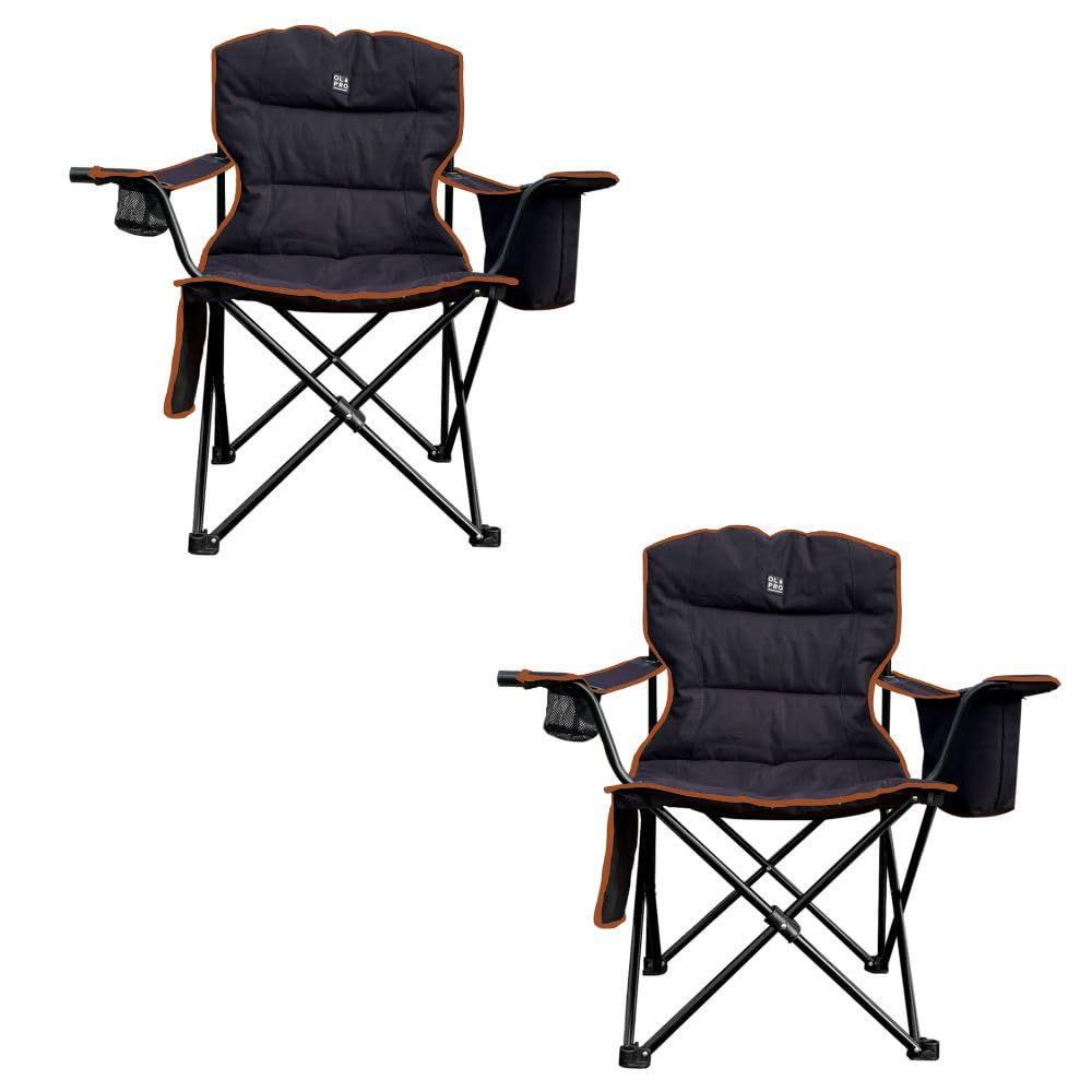 OLPRO Henwick Heavy Duty Padded Folding Camping Chair for Adults, Ideal for Camping, Garden, and Picnic. cooler bag, wine glass holder and cup holder. (Set of 2 Black/Orange)