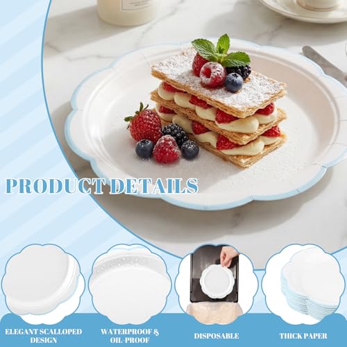 Image of NatNarr 30 Pcs Blue and White Paper Plates 7 Inch Plates with Blue Trim | Scalloped Cute Plate Dessert Cake Plate Disposable for Summer Pool Party, Baby Shower, Wedding, Bridal Shower, Birthday