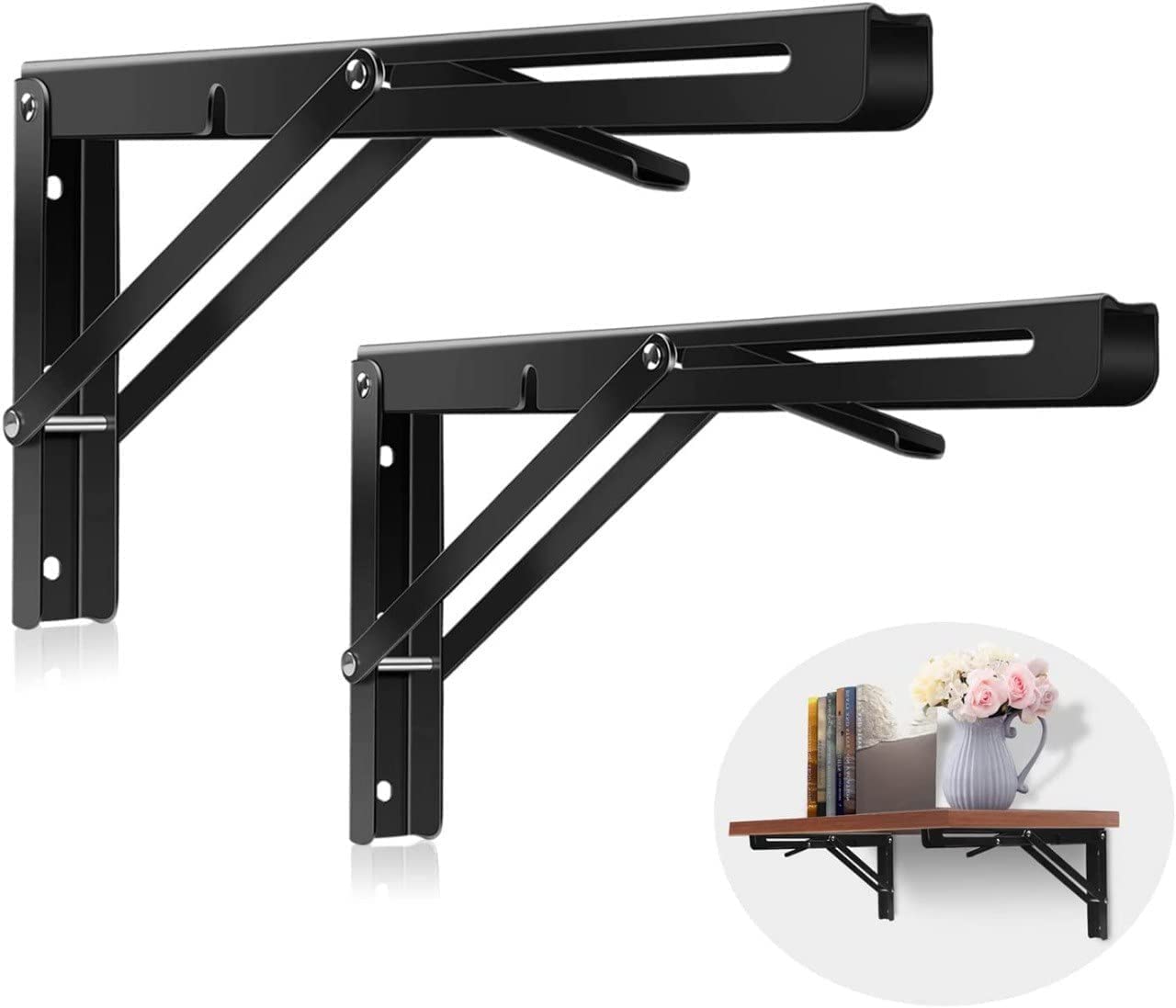 Fancy Product 2 pcs Folding Shelf Brackets, Heavy Duty Metal Collapsible Triangle Shelf Bracket for Bench Table, Shelf Hinge Wall Mounted Space Saving DIY Bracket 1 Pair (Folding Shelf Brackets 30cm)-image-30