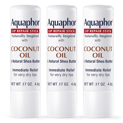Aquaphor Naturally Inspired Lip Repair Stick with Coconut Oil and Natural Shea Butter, Hydrating Lip Balm Immediately Relieves Dryness and Soothes Chapped Lips, 0.17 Oz Stick, Pack of 3
