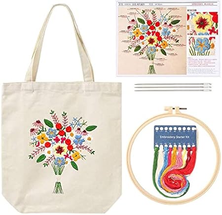 Namvo Canvas Tote Bag Stickset mit Muster und Anleitung, inklusive Sticktasche mit Blumenmuster, Stickrahmen, Farbf?den und Werkzeug