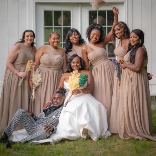 One Shoulder Chiffon Long Bridesmaid Dresses for Women with Slit A-Line Ruched Formal Gowns with Pockets ZO0204