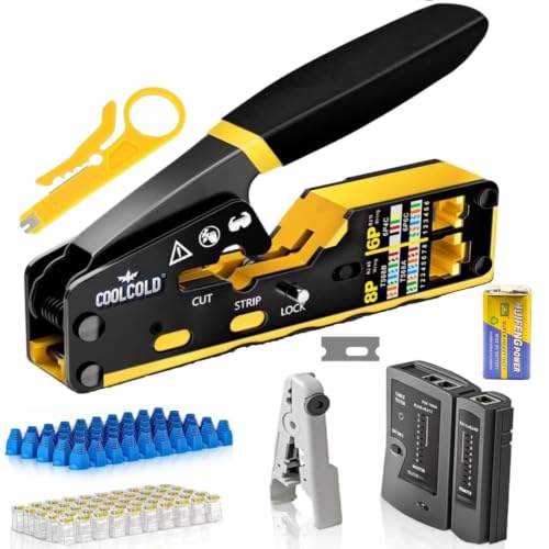 Image of COOLCOLD RJ45 Crimping Tool Kit | Pass Through Ethernet Crimper for Cat7, Cat6, Cat5 | Network Cable Crimping Tool with 20PCS Cat6 Connectors + 20PCS Boots | RJ11 RJ45 Cable Tester With 9V Battery