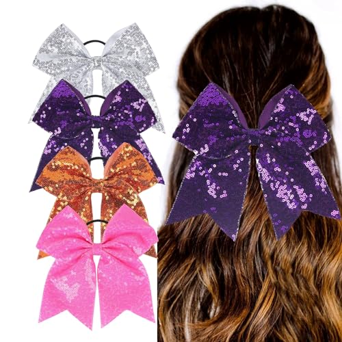 Nishine Paquete de 4 lazos de lentejuelas grandes de 8 pulgadas para niñas, adolescentes, coleta, lazos para el cabello para mujeres (paquete morado)