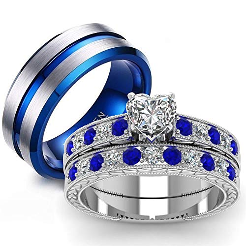 AJZYX His Hers Couples Matching Rings Women's 10k White Gold Plated Heart CZ Engagement Ring Bridal Sets & Men's Stainless Steel Wedding Band Women Size 7