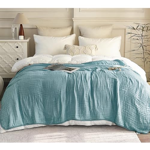 Image of SANACYNA Muslin Blankets 100% Cotton 6-Layer Gauze Queen Size Teal Light Blanket Soft Cozy Breathable Bed Blanket for Sofa Couch Bed Coverlet Both Sides (Teal, Queen 90 inch X 90 inch)