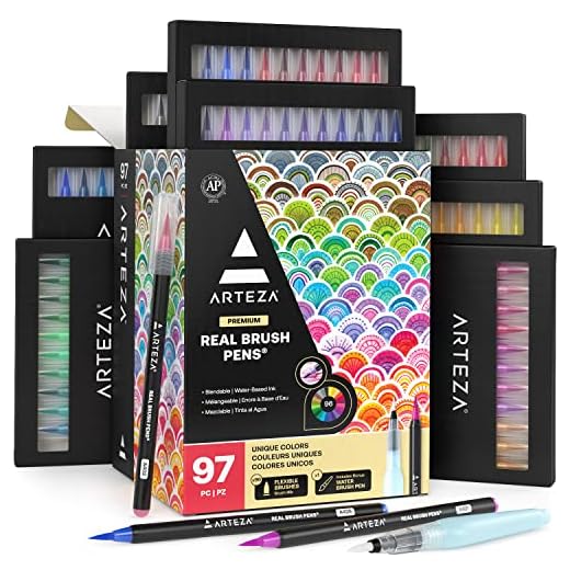 ARTEZA Caja de 96 rotuladores de pincel | Pinceles con tinta de agua | 12 colores individuales | Ideales para caligrafía y coloreado