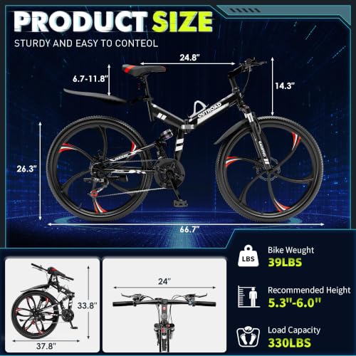 Image of Outroad 26 Inch Folding Mountain Bike, 21 Speed Full Suspension High-Carbon Steel MTB Foldable Bikes, Dual Disc Brake Non-Slip Folding Bicycle for Adults /Men /Women, 26 inch Dark