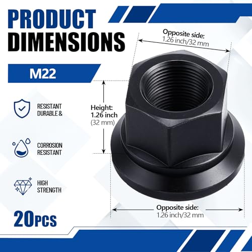 Image of Chumia 20 Pack Wheel Nut M22 x 1.5 Flanged Hub Lug Nuts 32mm Hex 32mm Height Carbon Steel Black Metric Fasteners for Semi Trucks Trailers