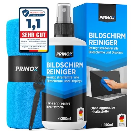 PRINOX Bildschirmreiniger XXL Set [inkl. Mikrofasertuch und Pinsel] - Display Reiniger für Handy, Laptop und TV Displays (LCD, LED, OLED, QLED, TFT) gegen Fettflecken und Fingerabdrücke