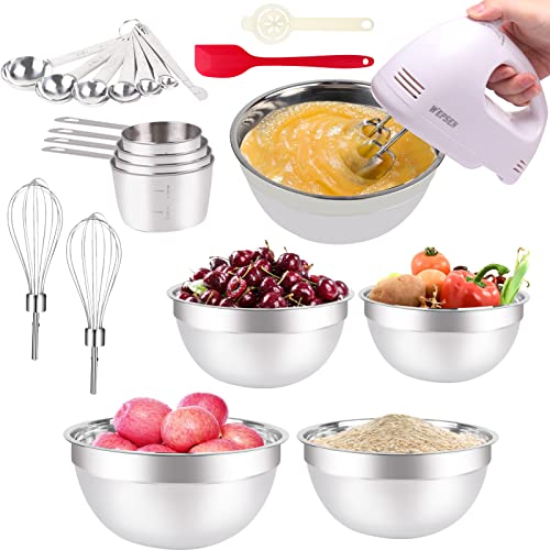 WEPSEN 5-Speed Electric Hand Mixer, 4 Large Mixing Bowls Set, Handheld Mixers with Whisks Beater, Stainless Steel Metal Nesting Bowl Measuring Cups Spoons Kitchen Cake Blender for Baking Supplies - Image 8