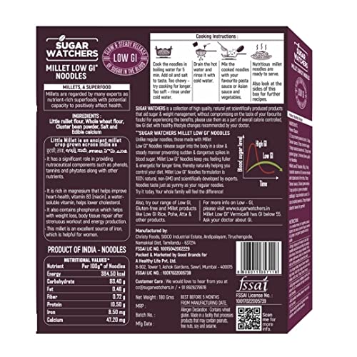 Image of Sugar Watchers Low Gi Millet Vegetarian Noodles, No Maida, Non-Fried, Diabetic Friendly (Pack Of 3), 690 Grams