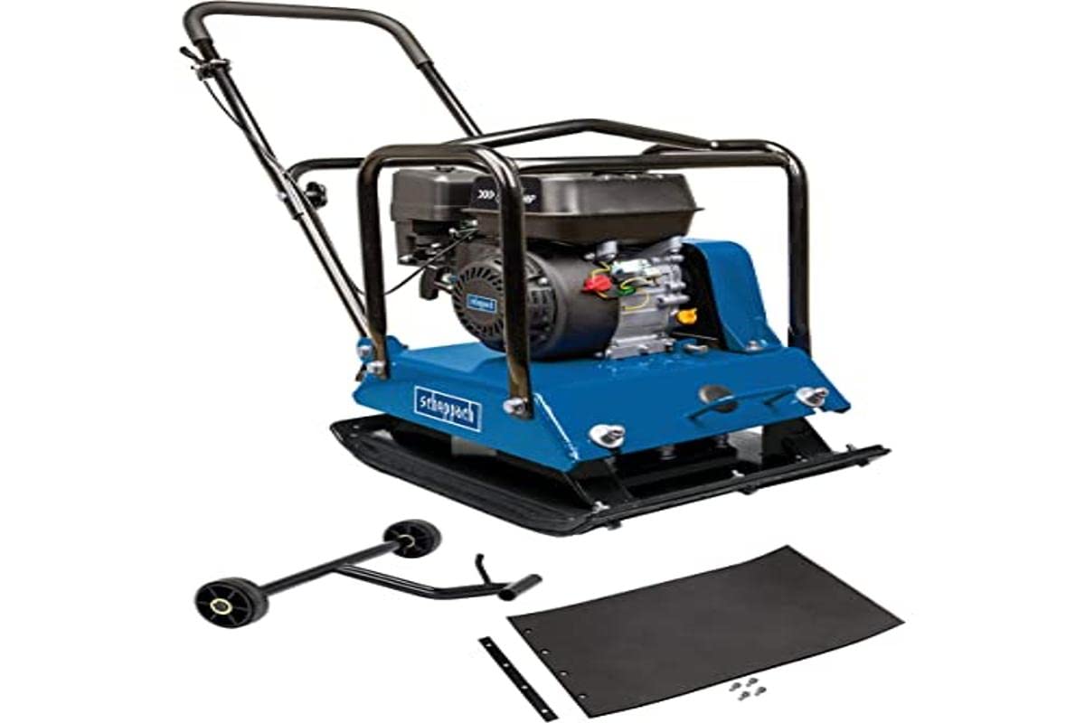 Scheppach Plaque Vibrante Thermique HP2200S Compacteur |6,5 CV| Pression de compactage 25 kN | Profondeur de compactage 35cm | Vitesse 25m/min |Tapis caoutchouc & dispositif de déplacement inclus