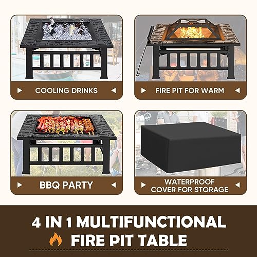 Rankok 32’’ Multifunctional Outdoor Fire Pit Table with Spark Screen, Fire Grate and Poker Metal Square Fireplace for Outdoor Heating, Backyard BBQ, Camping and Garden Bonfire Party - Thumbnail 3