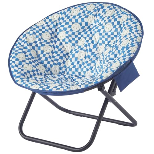 Urban Lifestyle Smiley Face Blue Checkered Printed Micromink Saucer Chair with Black Metal Frame