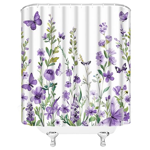 GCTNBJL Floral Plant Shower Curtain Watercolor Flower Leaves Butterfly Cute Botanical Boho Wildflower Rustic Nature Purple Green Bathroom Home Curtain with Hooks,70x70 Inch