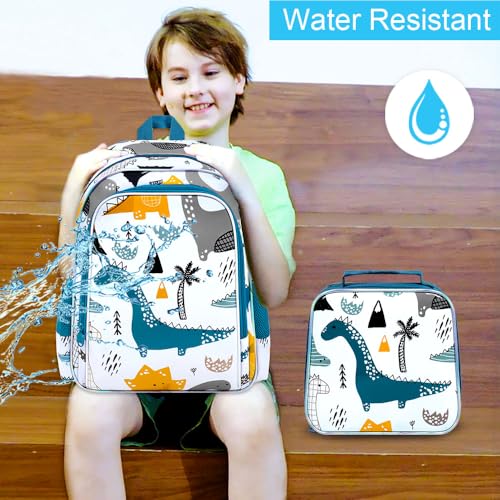 Image of CCJPX 3Pcs Dinosaur Backpack for Boys, 16 Inch Kids School Water Resistant Preschool Bookbags, Cool Toddler Kindergarten Backpacks with Lunch Box (White)