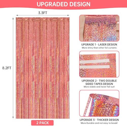 Image of 2 Pack 3.3 x 8.2 ft Tinsel Foil Fringe Backdrop Curtain, Upgraded Rose Gold Glitter Metallic Streamers, Party Photo Curtains Backdrop for Birthday Wedding Bride Prom Bachelorette Party Decor