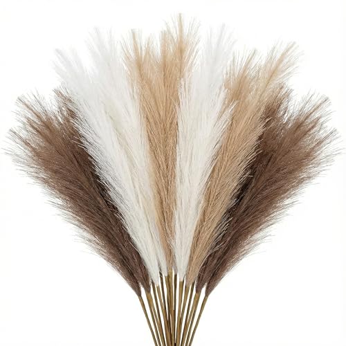 Cong He Pampas Grass Decor 21.7 Inch 30pcs Faux Pampas Grass White Beige Brown Ultra Fluffy No Shedding for Boho Home Bedroom Wedding Vase Filler Dried Flower Arrangement