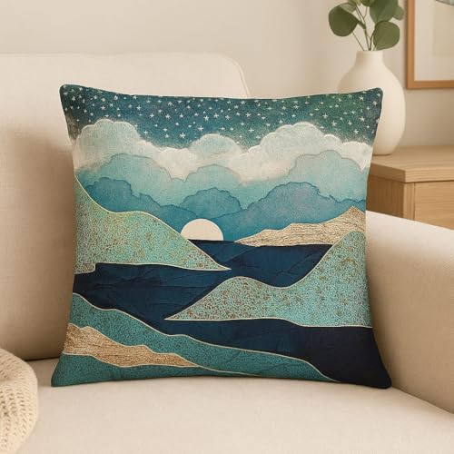 Image of Decorative 20x20 Jute Cushion Covers - Set of 2 Printed Throw Pillow Covers for Sofa, Couch & Home Styling (Blue Moon)