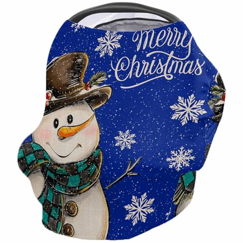 Nursing Cover for Breastfeeding Scarf, Merry Christmas Smiling Snowman Snowflake Retro Blue Baby Car Covers Super Soft Multi Use for Canopy Shopping Cart Cover Blanket Stroller Cover