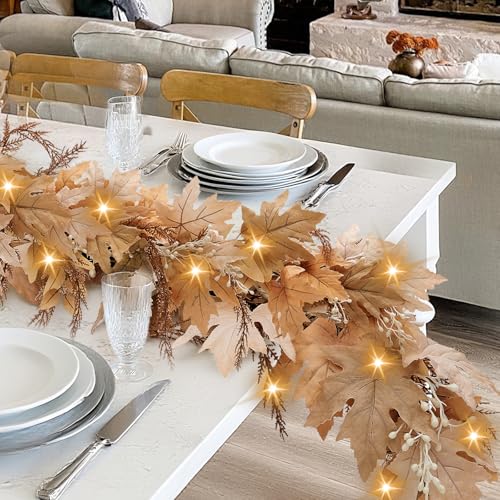 Image of NUTIKAS Neutral Fall Garland with Lights - 6 Ft Lighted Fall Felt Leaves for Mantle Outdoor Decor Light Up Autumn Leaf for Home Fireplace Decorations