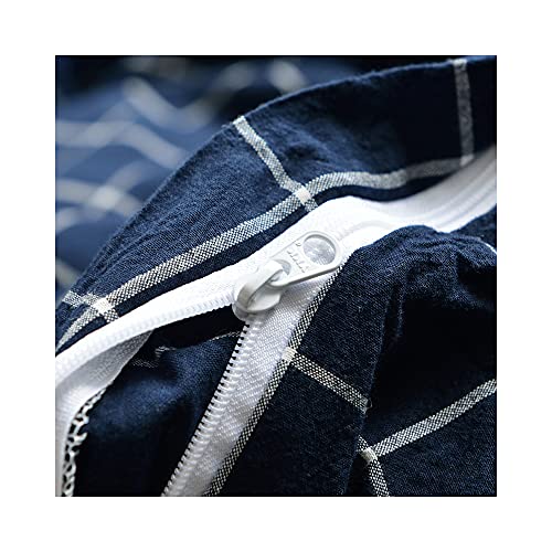 Image of F.Y.Dreams 100% Washed Cotton Duvet Cover for Weighted Blanket 60x80 inches with 16 Ties, Zipper on Long Side /Navy Grid /Just Duvet Cover