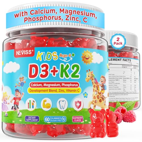 Vitamin D3 K2 Gummies for Kids & Teens + Calcium Magnesium Zinc Phosphorus C Kids Multivitamin D3 & K2 Supplement for Bone Health Calcium Absorption Focus & Immunity Non GMO Sugar Free 2Pack