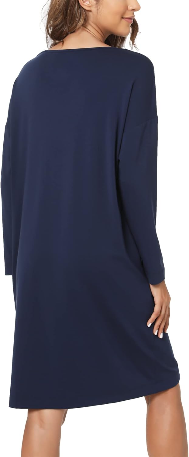 GYS Womens Long Sleeve Nightgown Bamboo Cotton Nightshirts Sleepwear Soft Stretchy Sleep Dress with Pockets - Image 2