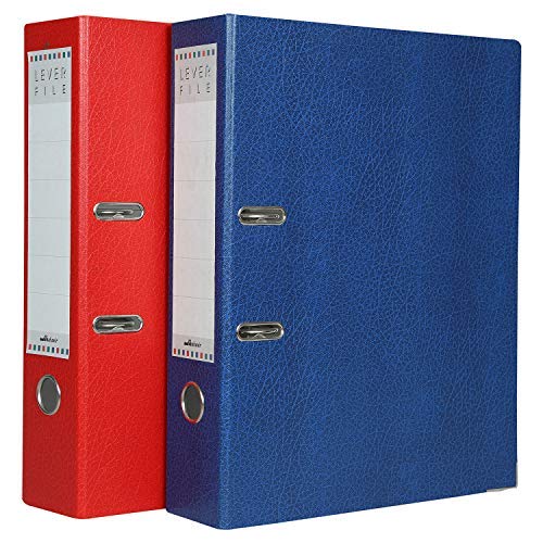 Mahavir Premium – 2D-Aktenordner – Kanzleipapier Größe (216 mm x 343 mm) – 70 mm vernickelter Clip – Vinylbeschichtetes Einbandmaterial und Radoschloss – 2 Stück – (Rot + Blau)