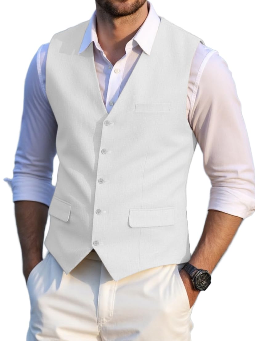 Chaleco de lino de verano para hombre, corte regular, traje clásico, chaleco para bodas y fiestas (blanco, XXL), Blanco, XXL