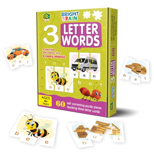 Image of THE BOOK TREE Bright Brain 3 Letter Words Puzzle - Learn to Spell 20 Three Letter Words 60 Pieces- Beautiful Colorful Pictures Age 4+ Gift Box By Majestic Book Club, for Kid
