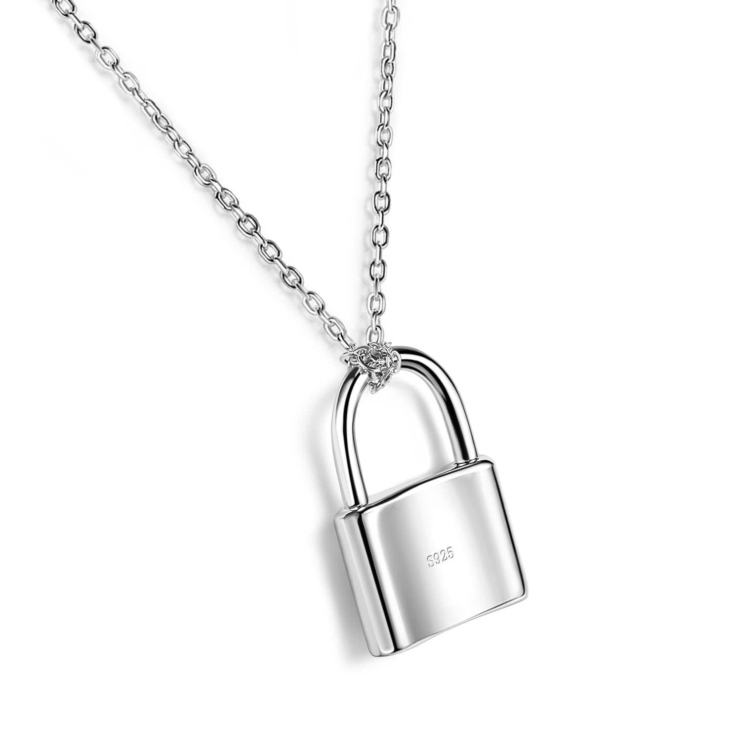 DankadiFashion 925 Sterling Silver Lock Pendant Necklace 16" + 2" Women Charm Solid Silver Choker Fine Jewelry For Wife Girls Her Gift, Sterling Silver, No Gemstone