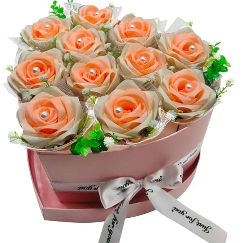 Auyeosin Flower Forever Heart Shape Box - Preserved Roses Gift for Her, Preserved Flowers, (Champagne Orange, 9 Roses)