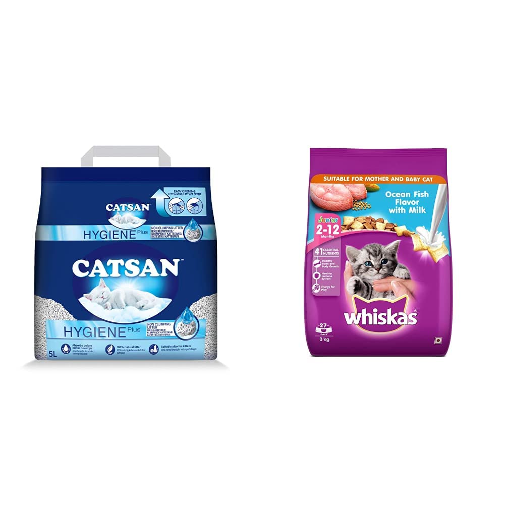 Catsan Hygiene Plus Triple Odor Control 100% Natural Cat Litter, 5 L & Whiskas Kitten (2-12 Months) Dry Cat Food, Ocean Fish Flavour with Milk, 3kg Pack (B08L8WBG2Q) Amazon Price History, Amazon Price Tracker