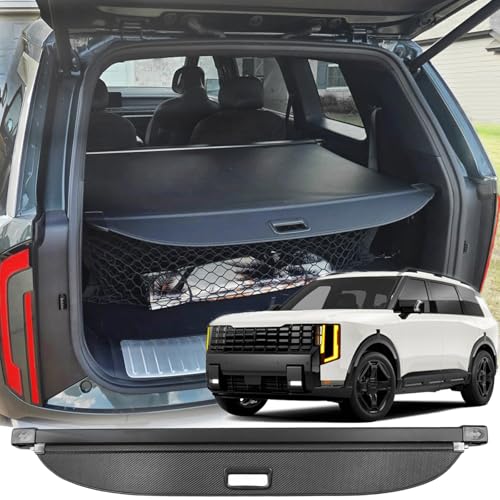 Volcaner Cargo Cover for All-New Kia Telluride 2027 Accessories Gas/Hybrid Retractable Trunk Cover Fit for 2027 Kia Telluride Accessories Privacy Shade(Black+Gray Carbon Fiber Look Leather)