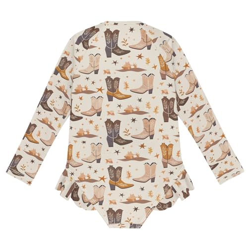 CaTaKu Girls One Piece Swimsuit Cowgirl Boots Brown Toddler Bathing Suit Long Sleeve UPF 50+ Rash Guard Swimwear 3-12Y2