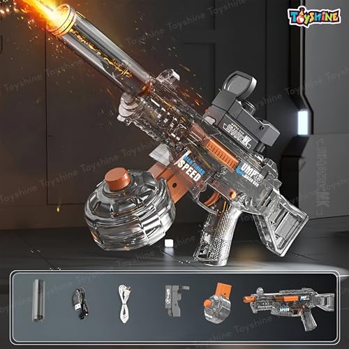 Image of Toyshine Transparent UMP45 Submachine Design Electric Automatic Water Gun Toy with Light, Powerful Rechargeable Squirt Holi Water Toy Gun Outdoor Play Kids Girls Boys 4+, Black