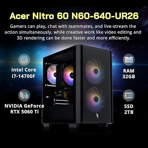 Image of Acer Nitro 60 Gaming Desktop, Intel i7-14700F, NVIDIA GeForce RTX 5060 Ti Graphics, 32GB DDR5 RAM, 2TB PCIe SSD, Realtek Audio, Wi-Fi 6, Gigabit Ethernet, Windows 11, Black, 1TB Docking Station Set
