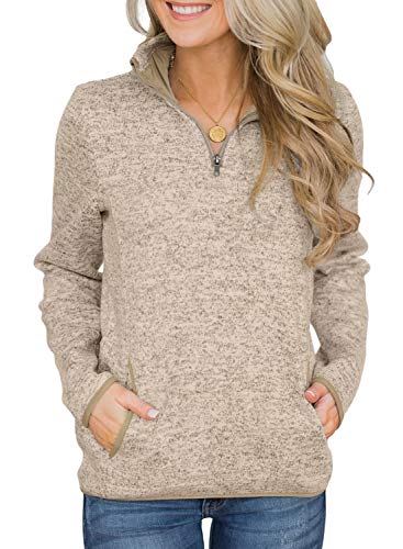 Arainlo Women 1/4 Zip Up Solid Color Kangroo Pocket Pullover Tunic Tops Casual Long Sleeve Oversized Loose Fit Sweatshirt Khaki M