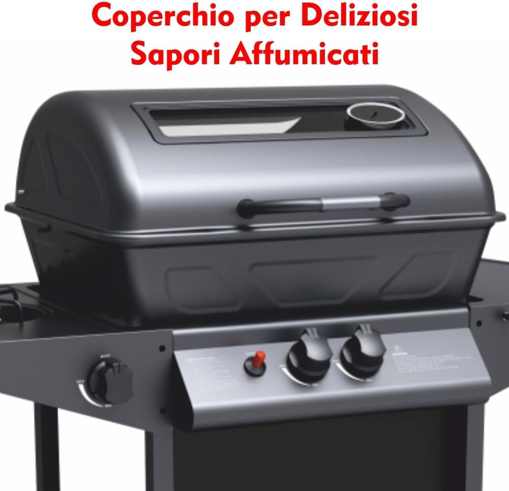Barbecue a Gas con Pietra Lavica BBQ a Gas 2 Bruciatori + Fornello Laterale Struttura in Acciaio con Piano Laterale D’appoggio e 3 Appendini Pratiko Life Barbecue a Gas con Pietra Lavica BBQ a Gas 2 Bruciatori + Fornello Laterale Struttura in Acciaio con Piano Laterale D’appoggio e 3 Appendini Pratiko Life