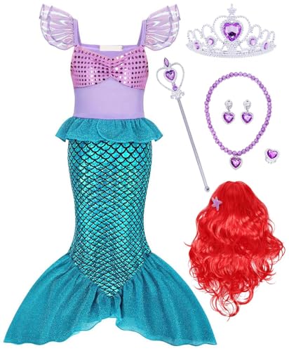 KumSoomliy Girls Pincess Mermaid Costume Kids World Book Day Costume Dress Fancy Party Princess Dressing up Dresses Fairy Tales Childs Outfits Evening Clothes Blue with Accessories and Wig 5-6Y 130