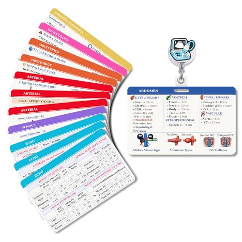 Ultrasound Badge Buddy Cheat Sheet with Badge Reel, Sonography Student Must Haves & Essentials, Quick Reference Guide for Echo, Vascular, Abdomen, OB/GYN (Complete Set (13 Cards) + Reel)