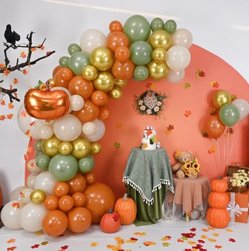 Image of Fall Balloons Garland Arch Kit, Burnt Orange Pumpkin Foil Balloons, Orange Green Sand White Gold Balloon for Little Pumpkin Baby Shower First Birthday Thanksgiving Fall Autumn Harvest Party Decoration