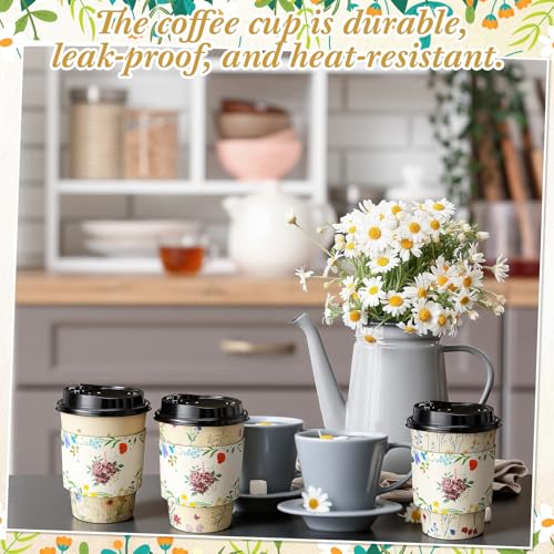 LemonRoad 48 Sets 12 oz Vintage Floral Disposable Coffee Cups with Lid, Sleeves, 4 Color Spring Cute Flower Designs Cups Party Supplies for Tea Hot Drink Cold Beverage Cocoa(Vintage Flower) by LemonRoad - Used condition - Image 7