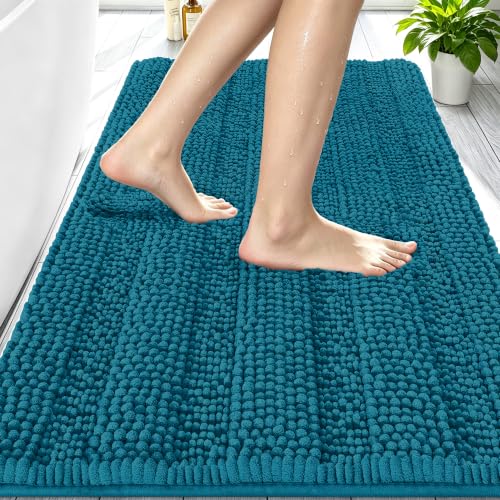 Image of Smiry Thick Chenille Bathroom Rugs 30x20, Absorbent Bath Mat, Peacock Blue | Quick‑Dry & Machine Washable, Non‑Slip Bath Carpet, Soft Striped Bath Rugs for Tub & Shower, Modern Home Decor Accessories