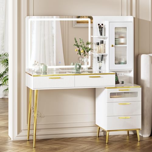 Chrangmay 47.24' Big Modern Vanity Desk with Mirror and Lights,Makeup Vanity Desk with 5 Drawers and...