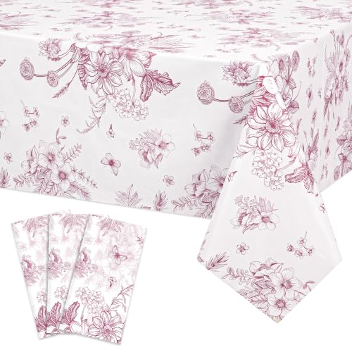 Image of 3 Pcs Burgundy Floral Plastic Tablecloths, 54 X 108Inch Fall Party Tablecloth Disposable Table Cloth Burgundy and White Porcelain Tables Decor for Autumn Dinner Harvest Wedding Birthday Picnic